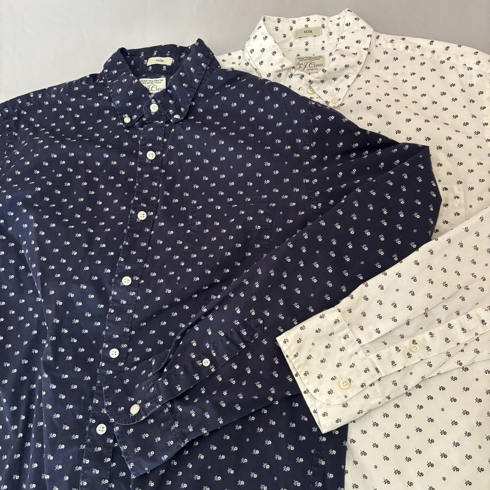 J Crew Secret Wash Shirt‎ Lot 2 Mens L Slim Stretch Organic Cotton